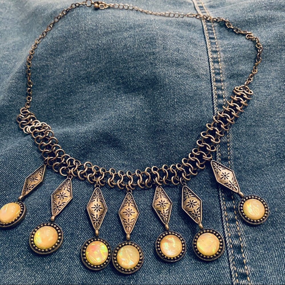 Opal fluorescent white silver boho necklace